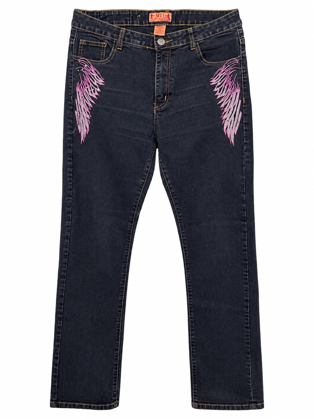 MTL More To Love Jeans 15/16 Y2K Angel Wings Embroidered Black Pink Fleur De Lis